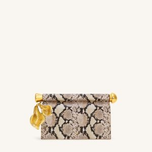Holly Metal Pendant Embellished Snakeskin Clutch - Apricot