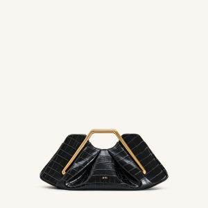 Lila Faux Croc-Effect Metal Frame Clutch - Black