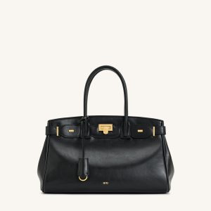 Ziva Metal Lock Decoration Tote Bag - Black