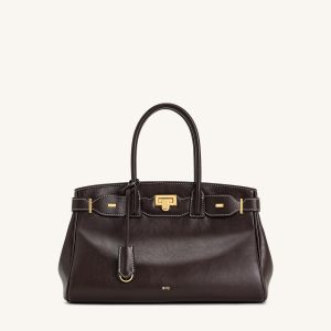 Ziva Metal Lock Decoration Tote Bag - Dark Brown