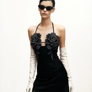 Flower Embroidered Mini Dress - Black