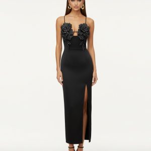 3D Floral Strappy Maxi Dress - Black
