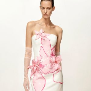 Mini Dress with Pink Floral Appliqués - White/Pink