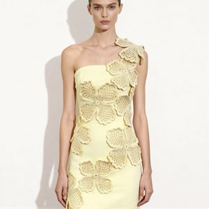 Crochet Floral Appliqué Mini Dress - Yellow