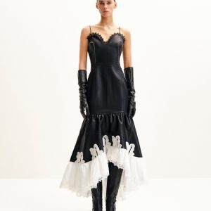 Zora Lace Trim Leather Dress - Black