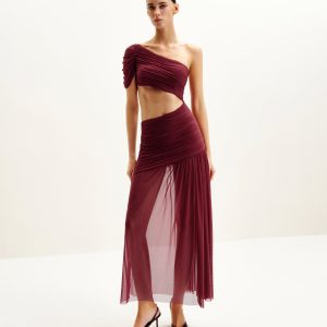 Mia Pleated Mesh Dress - Burgundy