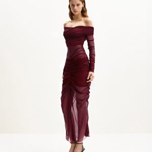 Emily Elegant Off-Shoulder Ruched Gown - Red