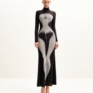 Eva Body Print Mesh Dress - Black and White