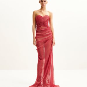 Mia Strapless Sheer Glitter Gown - Scarlet