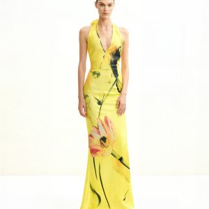 Floral Satin Halter Dress - Yellow/Pink
