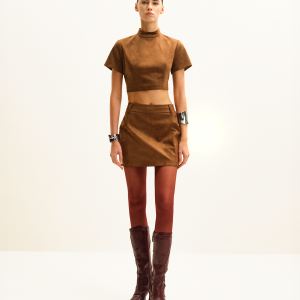 Grace Faux Suede Crop Top and Mini Skirt Set - Camel