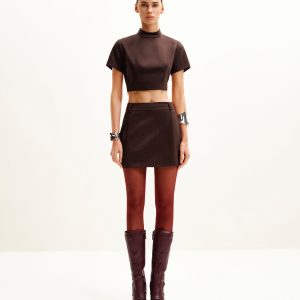 Grace Faux Suede Crop Top and Mini Skirt Set - Chocolate Brown