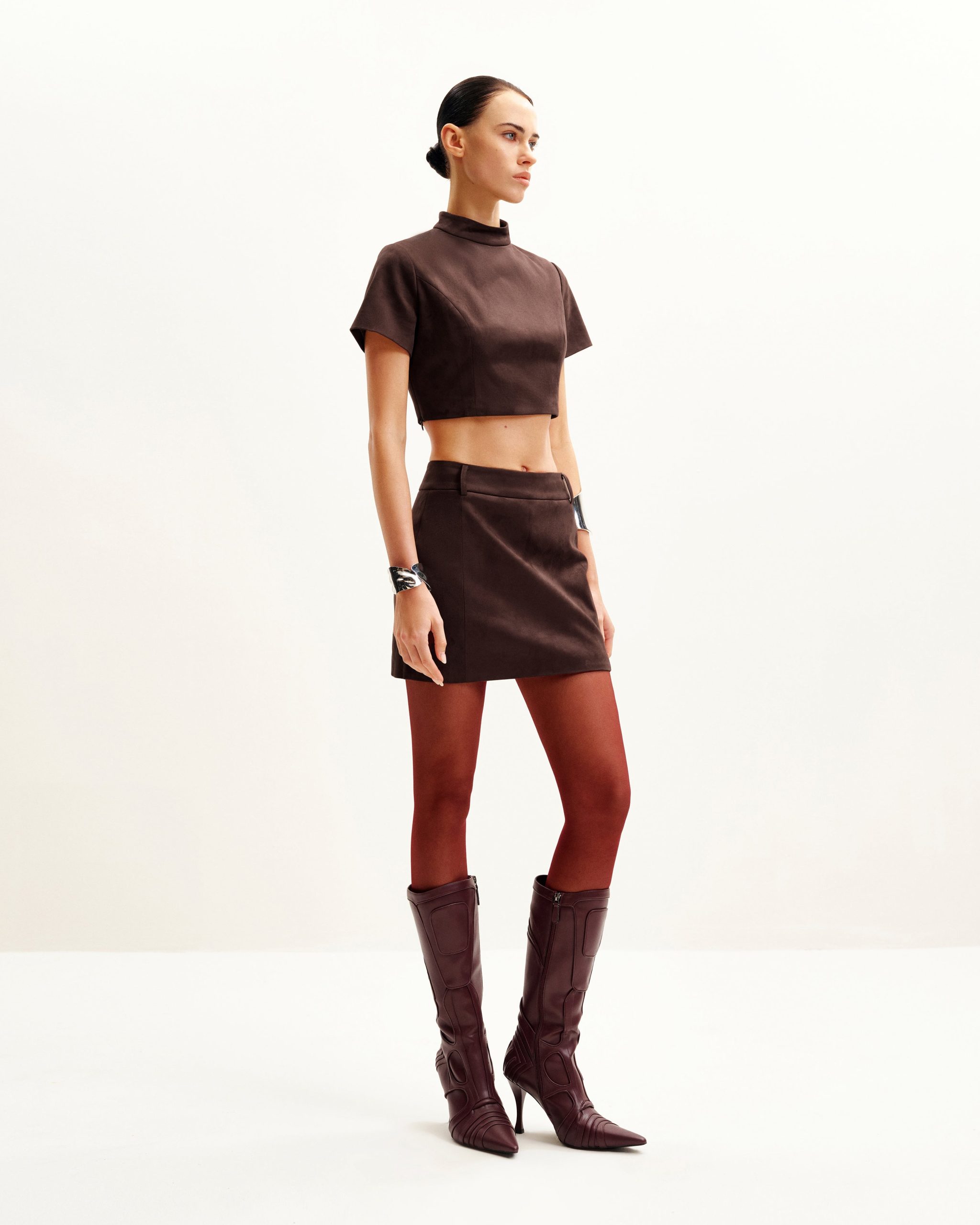Grace Faux Suede Crop Top and Mini Skirt Set - Chocolate Brown - Image 2