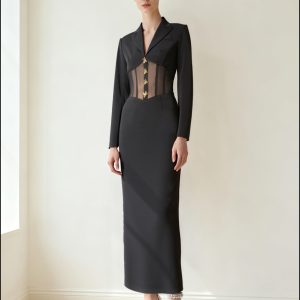 Sheer Boned Corset Waist Blazer Maxi Dress - Black