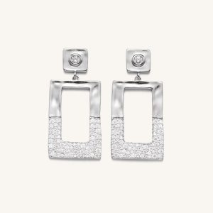 Geometrical Openwork Rectangle Earrings - 18ct White Gold Plated & White Zircon