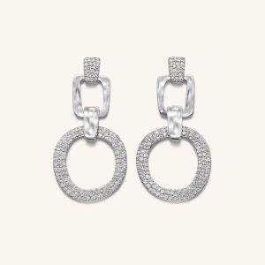Geometrical Openwork Round Earrings - 18ct White Gold Plated & White Zircon