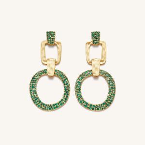 Geometrical Openwork Round Earrings - 18ct Gold Plated & Green Nano