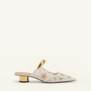 Helena Pierced Floral Mesh Mules - Ivory
