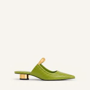 Helena Pierced Snakeskin Mules - Green
