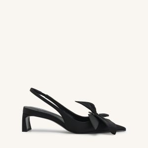 Queena Floral Appliques Slingback Pumps - Black