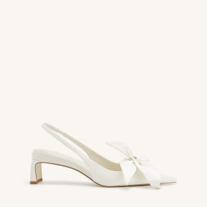 Queena Floral Appliques Slingback Pumps - Ivory White