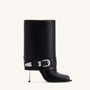 Emilia Western Buckled Leather Stiletto Boots - Black