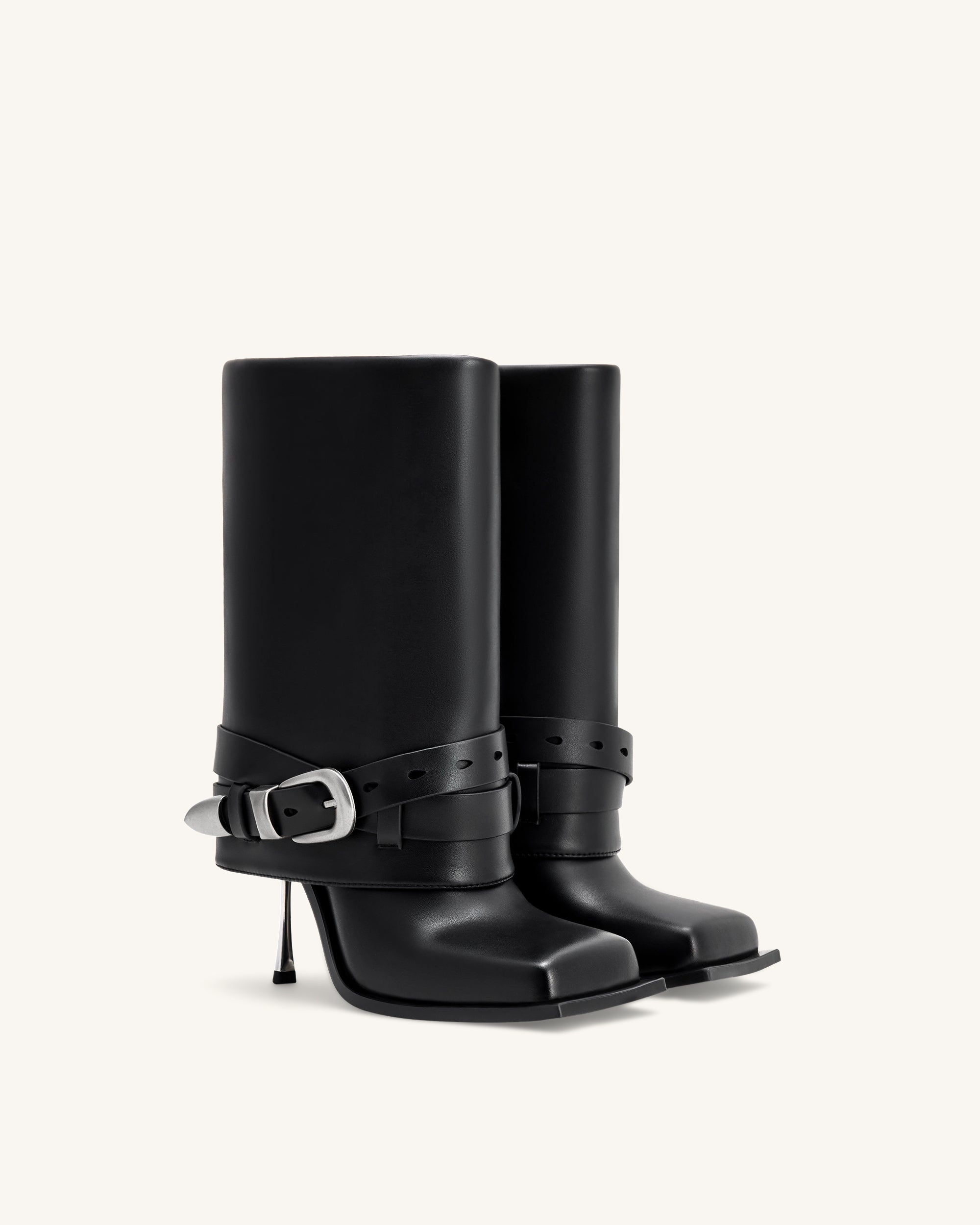 Emilia Western Buckled Leather Stiletto Boots - Black - Image 3