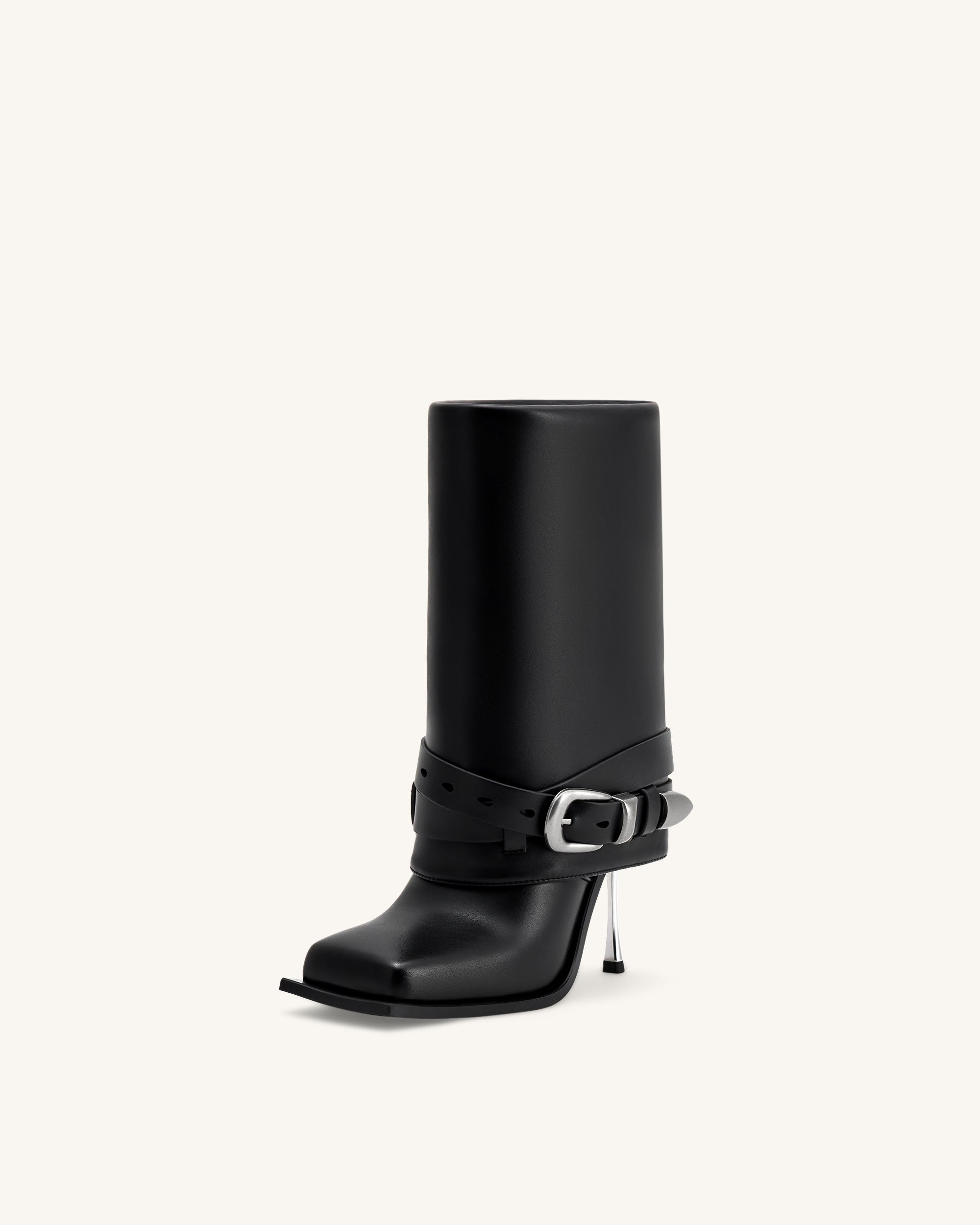 Emilia Western Buckled Leather Stiletto Boots - Black - Image 7