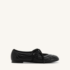 Erika Topstitching lace-up ballet Flats- Black