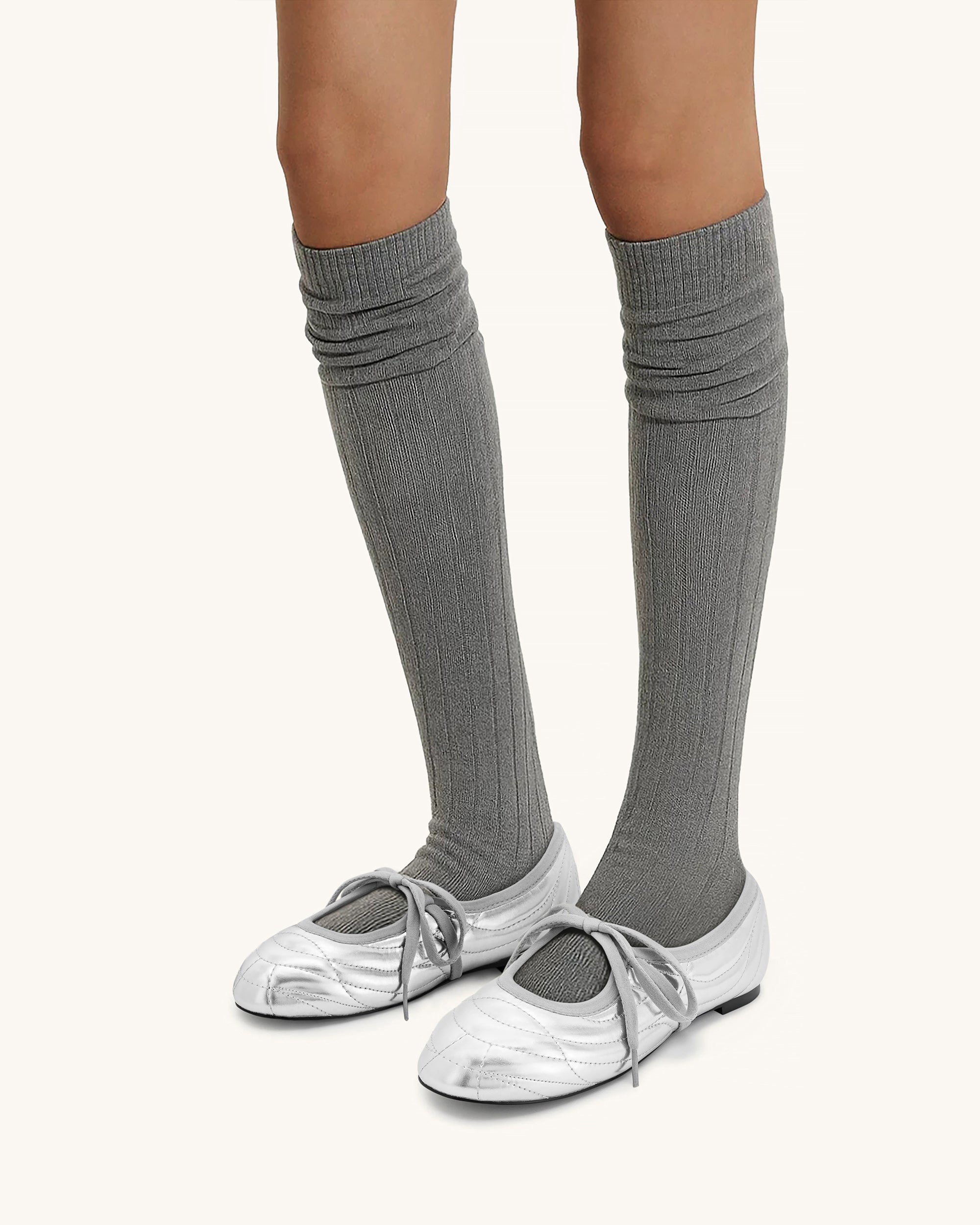 Erika Topstitching lace-up ballet Flats- Silver - Image 2
