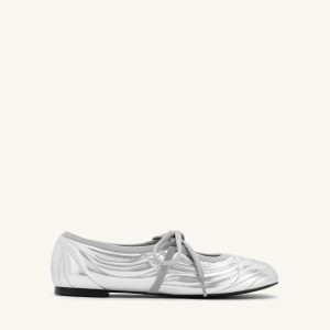 Erika Topstitching lace-up ballet Flats- Silver