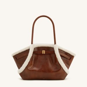 Hana Medium Faux Shearling Trim Tote Bag - Brown