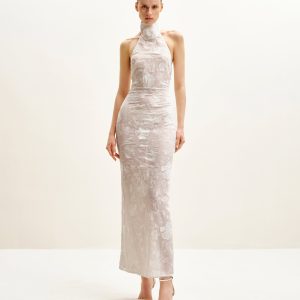 Uliana White Floral Lace Halterneck Maxi Dress - White