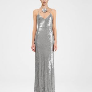 Heisey Silver Sequinned Rosette Maxi Dress - Silver