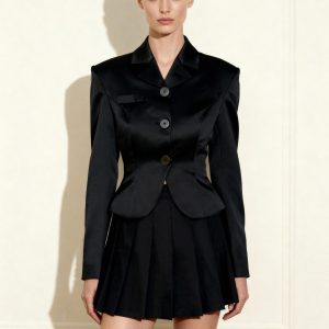 Satin Sculpted Waist Cropped Blazer - Black
