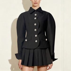 Scalloped Placket Leg of Mutton Blazer - Black
