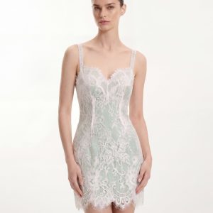 Eyelash Lace Bustier Bodycon Dress - White/Matcha Green