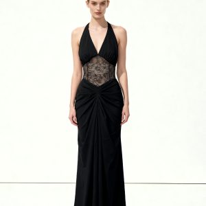 Ruched Lace Panel Maxi Dress - Black