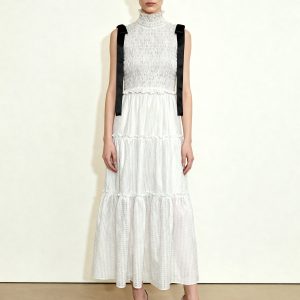 High-Neck Sleeveless Smocked Three-Tier Maxi Dress - White