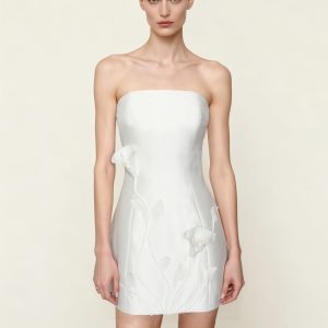 3D Vine Floral Strapless Mini Dress - White