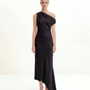Satin Draped One-Shoulder Asymmetric Dress - Black