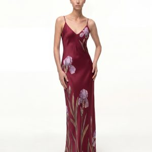Iris Motif Satin Slip Gown - Burgundy/Purple