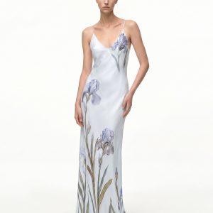 Iris Motif Satin Slip Gown - Light Blue