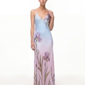 Iris Motif Satin Slip Gown - Blue/Purple
