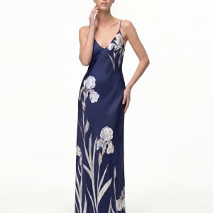 Iris Motif Satin Slip Gown - Navy Blue