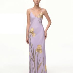 Iris Motif Satin Slip Gown - Purple/Yellow