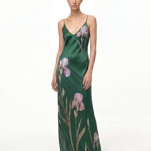 Iris Motif Satin Slip Gown - Dark Green/Purple
