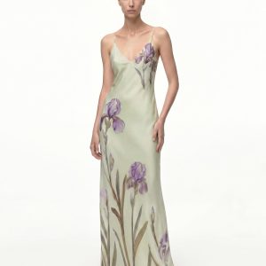 Iris Motif Satin Slip Gown - Light Green/Purple