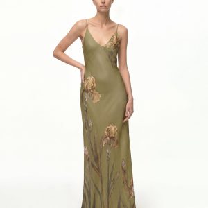 Iris Motif Satin Slip Gown - Olive Green