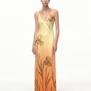 Iris Motif Satin Slip Gown - Yellow/Orange